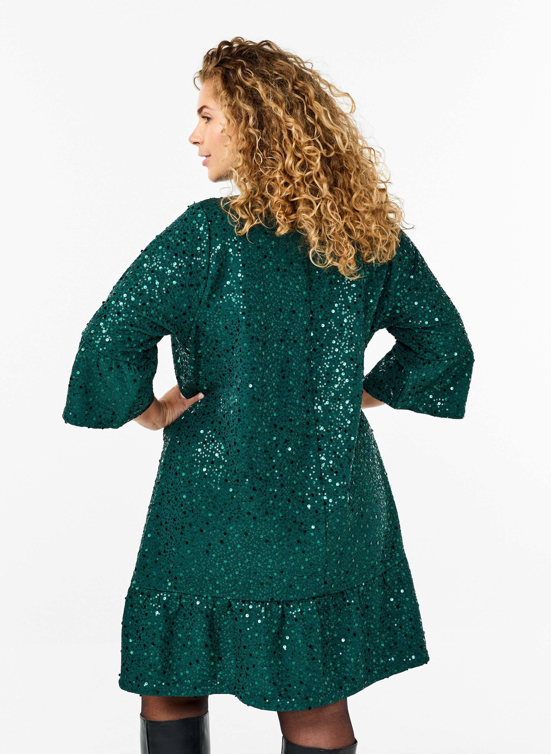 Zizzi Robe &agrave; paillettes avec col en V et manches 3/4, Rain Forest, Model image number 1