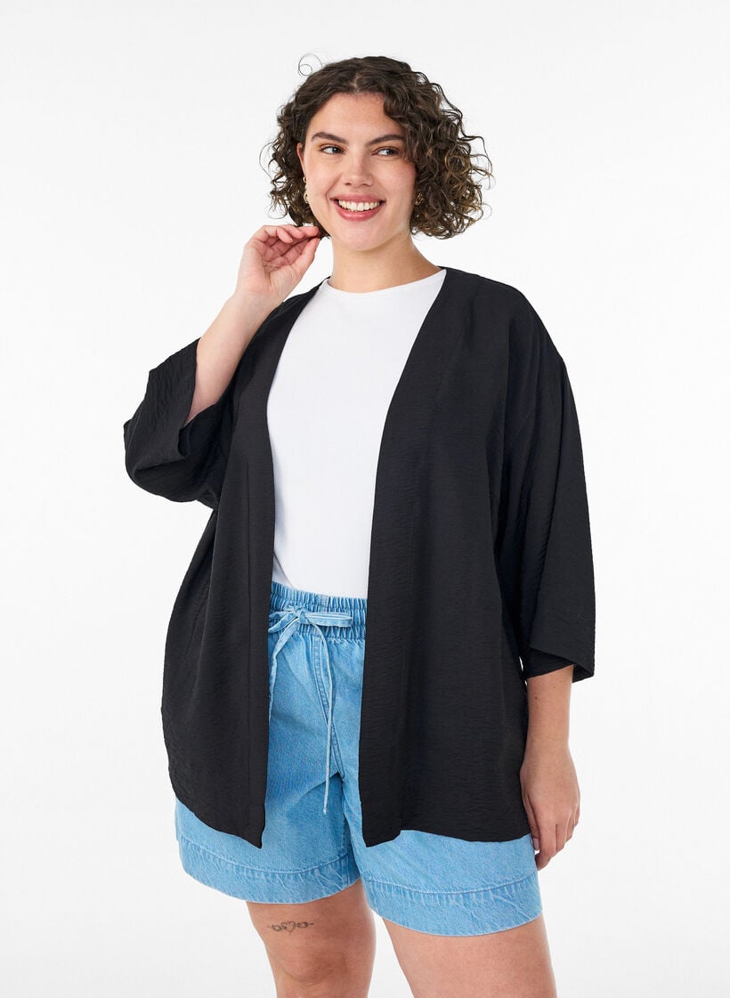 Kimono court en viscose avec manches 3/4, Noir, Model image number 0