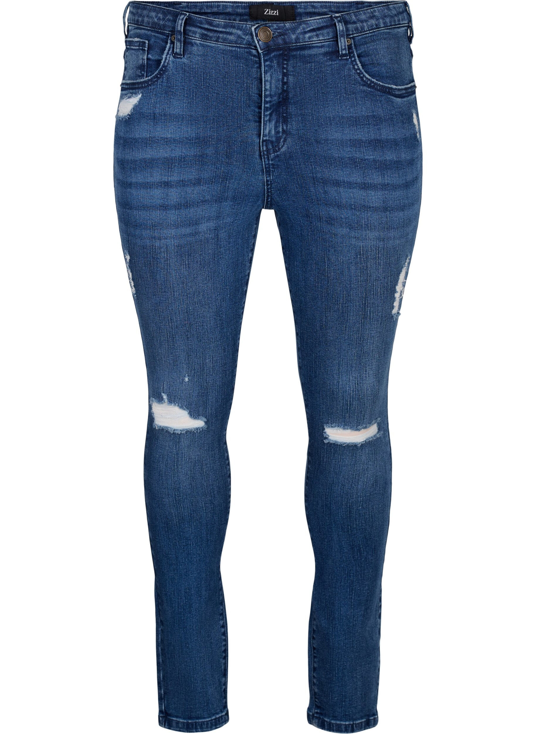 ZizziSuperslanke Amy jeans met slijtagedetails, Blue Denim, Packshot image number 0