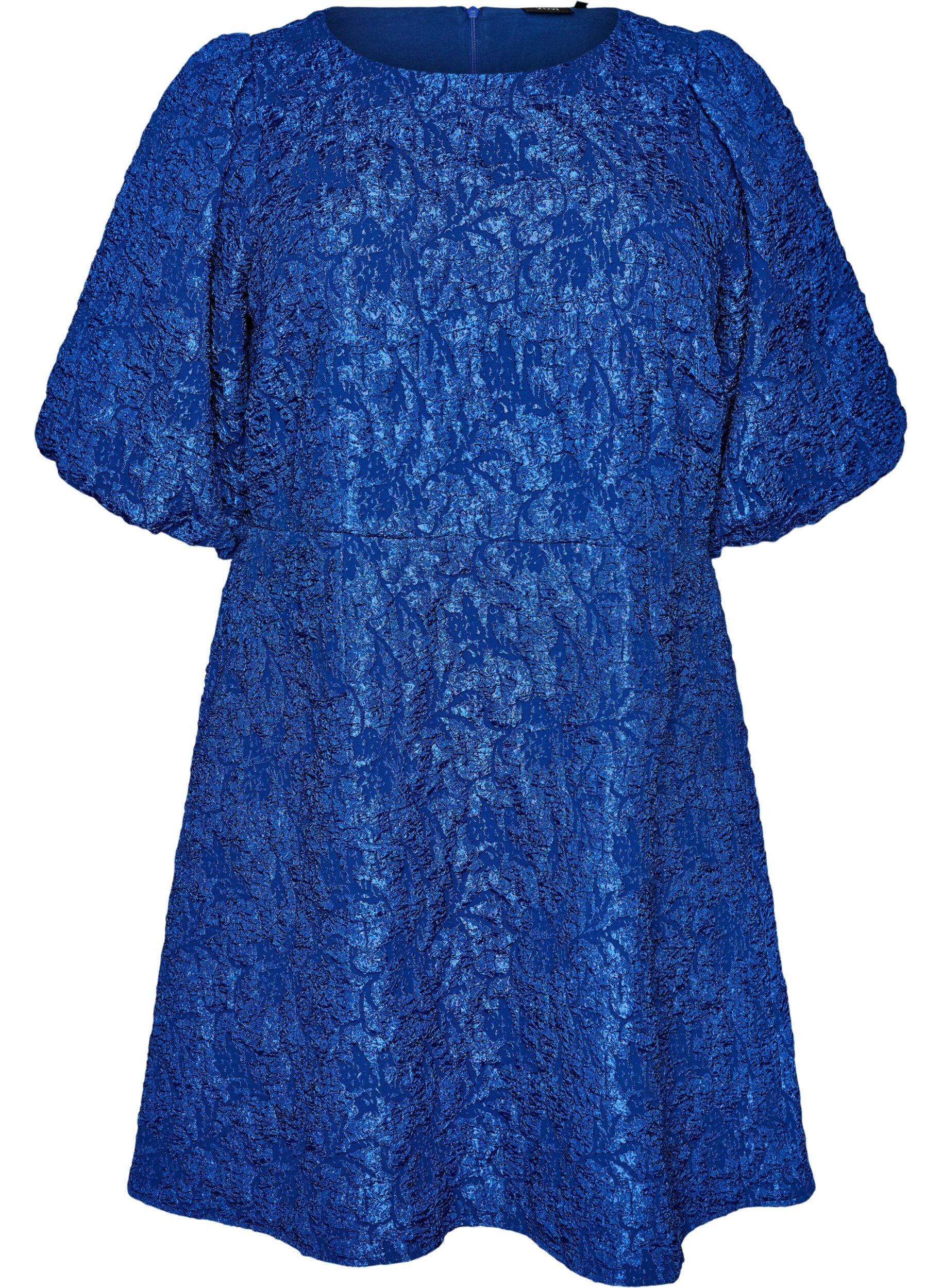 Jacquard jurk met pofmouwen en A-lijn