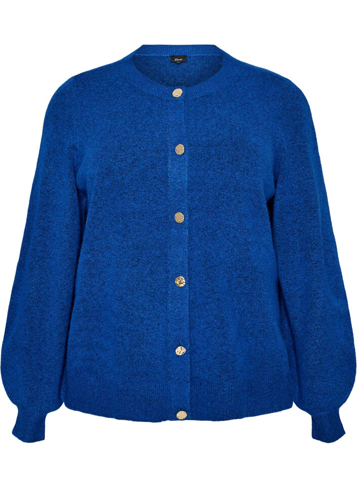 Cardigan in zacht breisel met goudkleurige knopen, Turquoise, Packshot image number 0