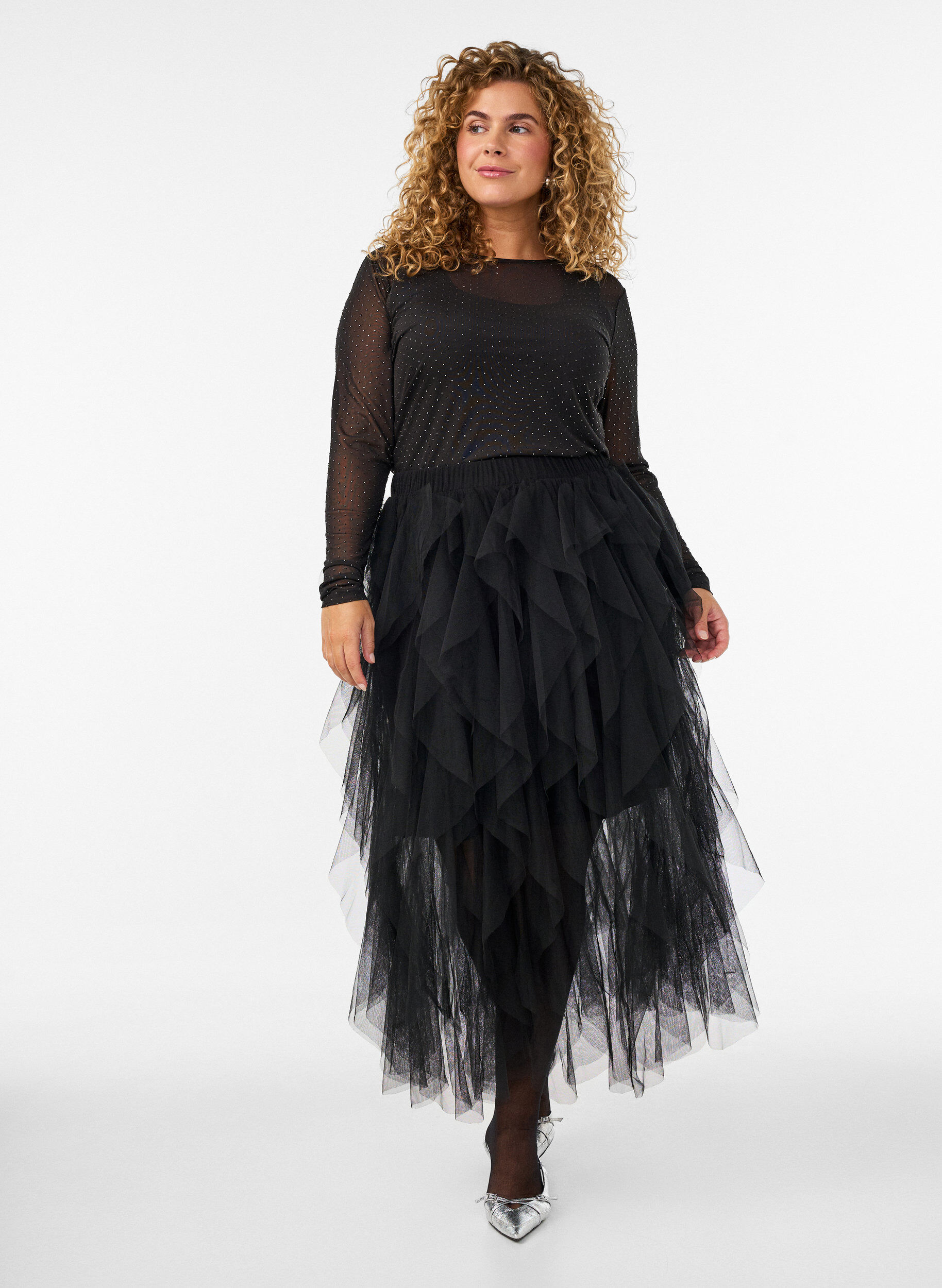 ZizziMidirok van tule met elastische tailleband, Zwart, Model image number 0