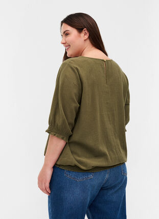 Blouse en coton à manches courtes avec smock, Ivy Green, Model image number 1