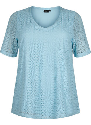 Kanten blouse met korte mouwen en v-hals, Angel Falls, Packshot image number 0