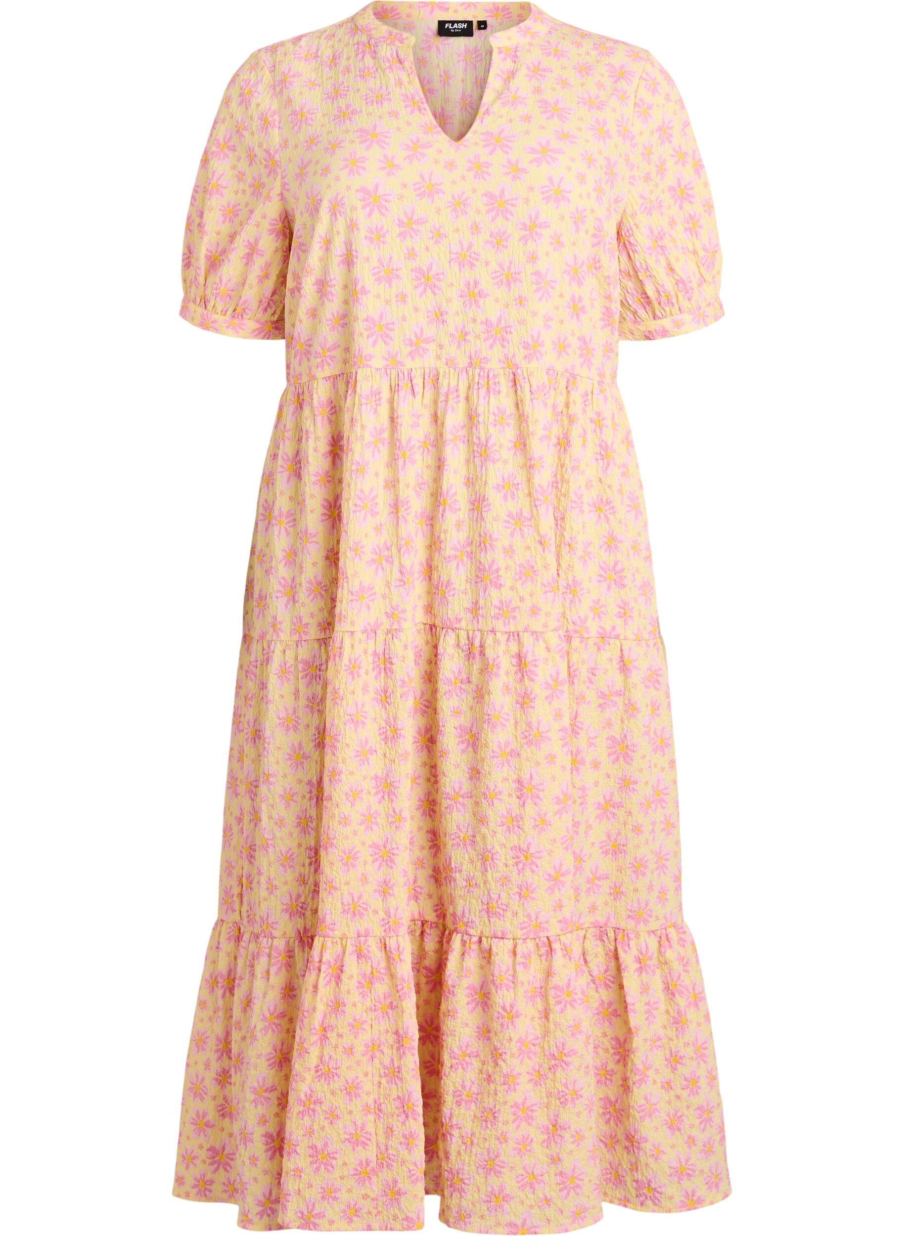 ZizziRobe longueur cheville &agrave; manches courtes avec volants &eacute;tag&eacute;s, Jaune, Packshot image number 0