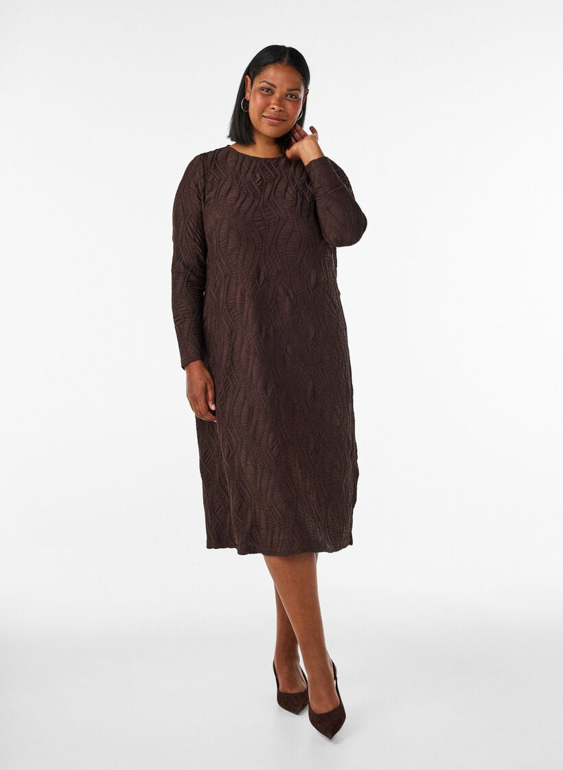 Robe midi &agrave; texture ondul&eacute;e et manches longues, Marron, Model image number 0