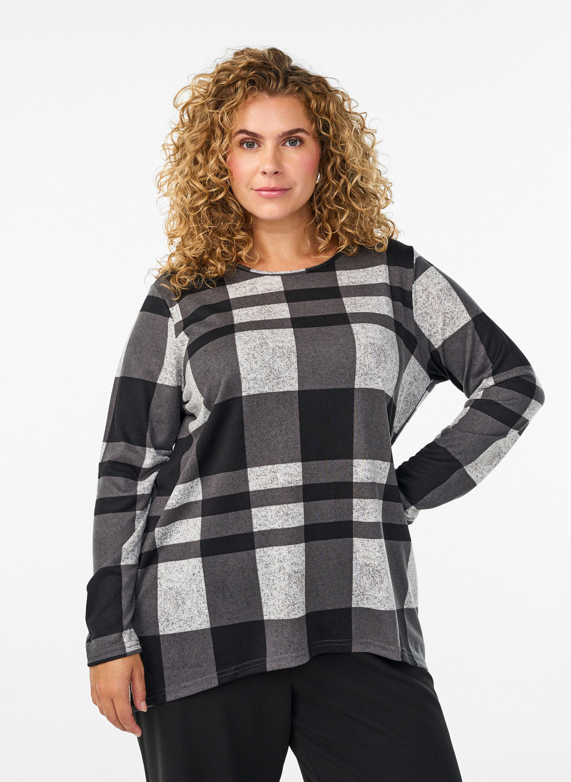 ZizziGedessineerde blouse met lange mouwen, Grijs, Model image number 0