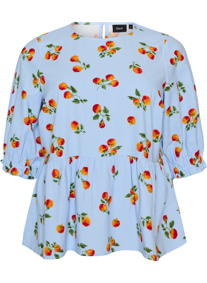 Blouse en coton avec imprim&eacute; tomates et peplum, Bleu Clair, Packshot image number 0