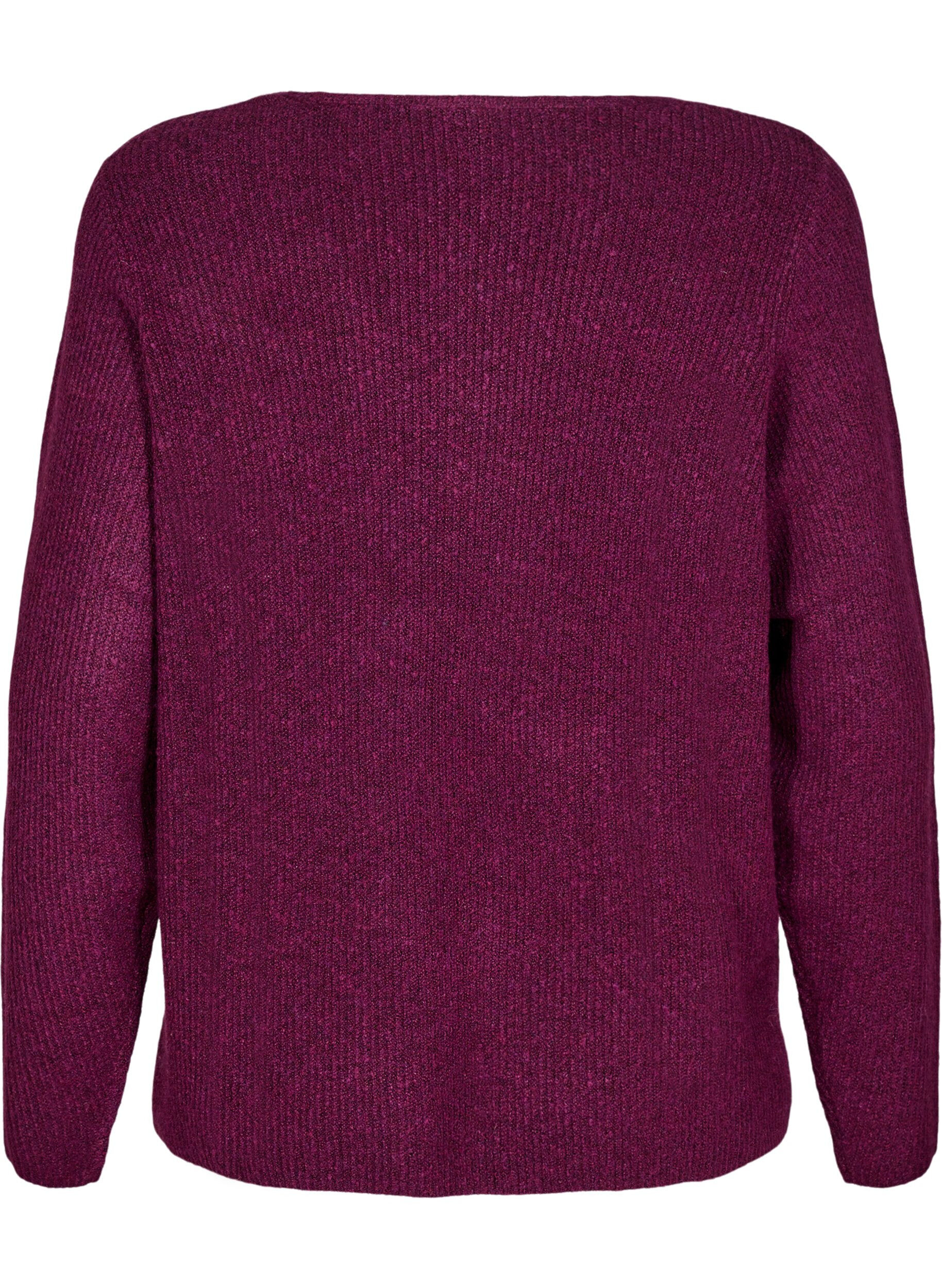 ZizziGebreide blouse met V-hals en lange mouwen, Potent P. Black Mel., Packshot image number 1