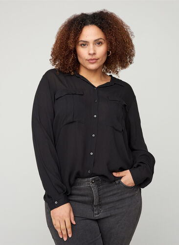 Viscose blouse met borstzakken, Black, Model image number 0