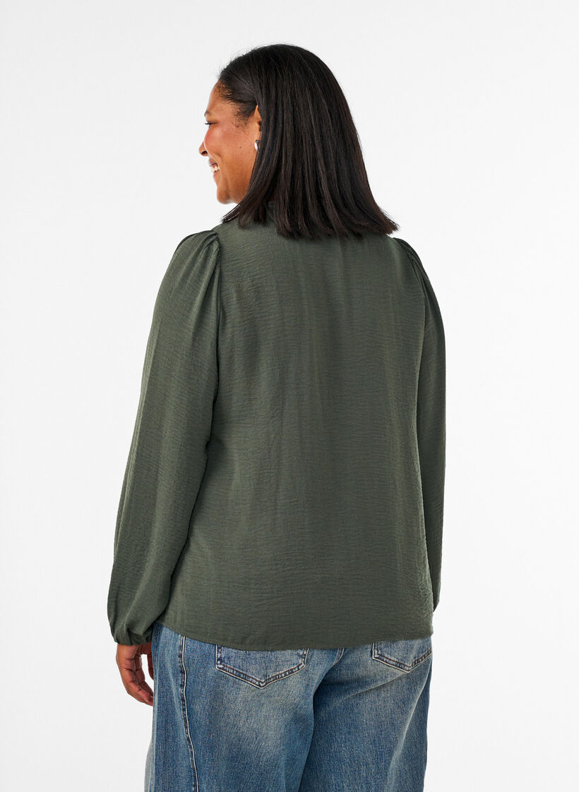 Blouse met V-hals en gehaakte sierband, Groen, Model image number 2