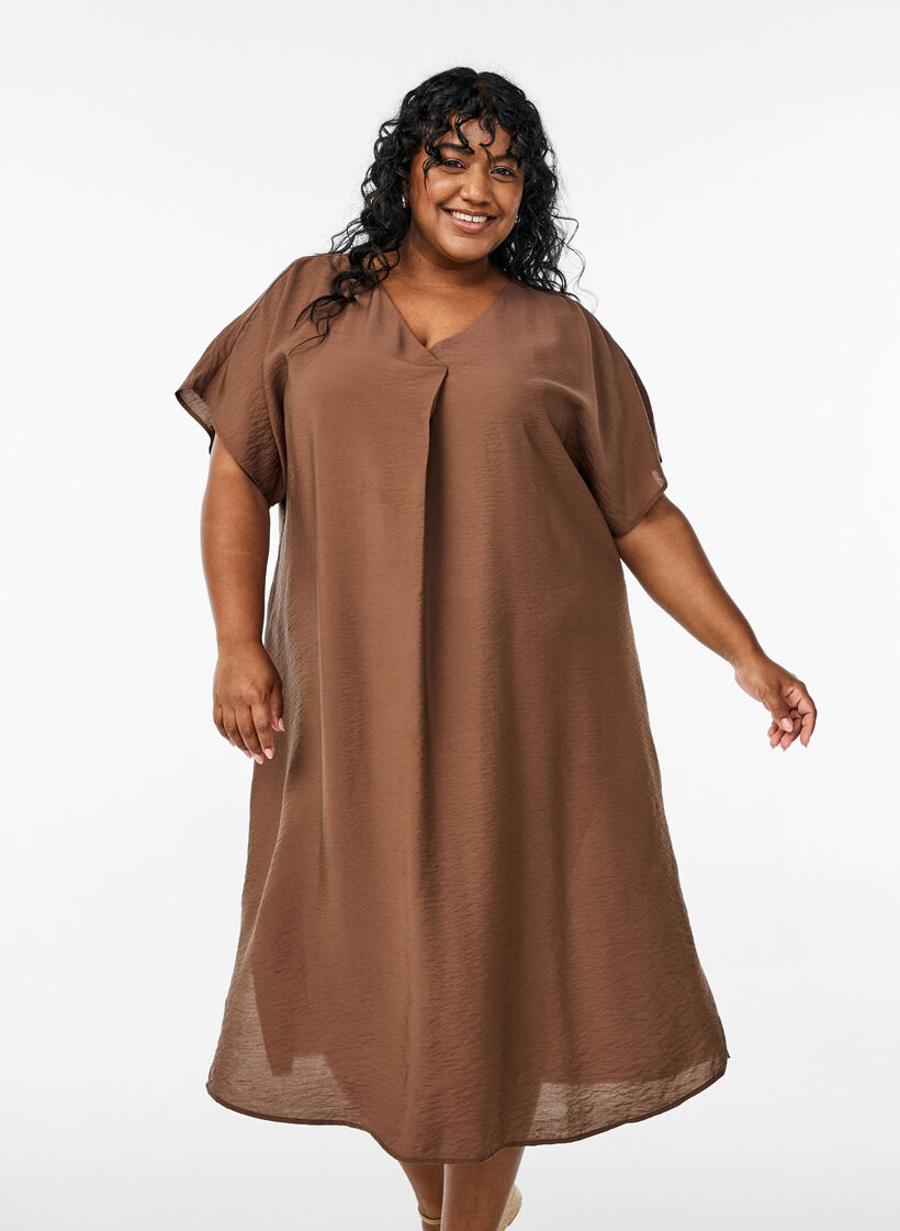 Robe &agrave; col en V en viscose, Marron, Model image number 0