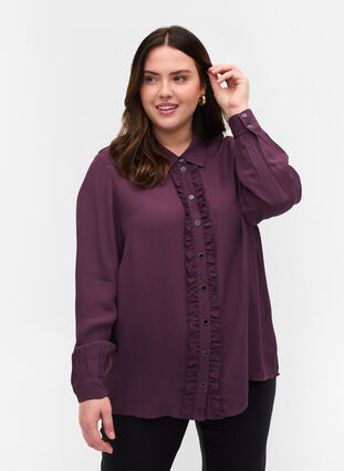 Viscose blouse met knoopsluiting en lintdetails, Plum Perfect, Model image number 0