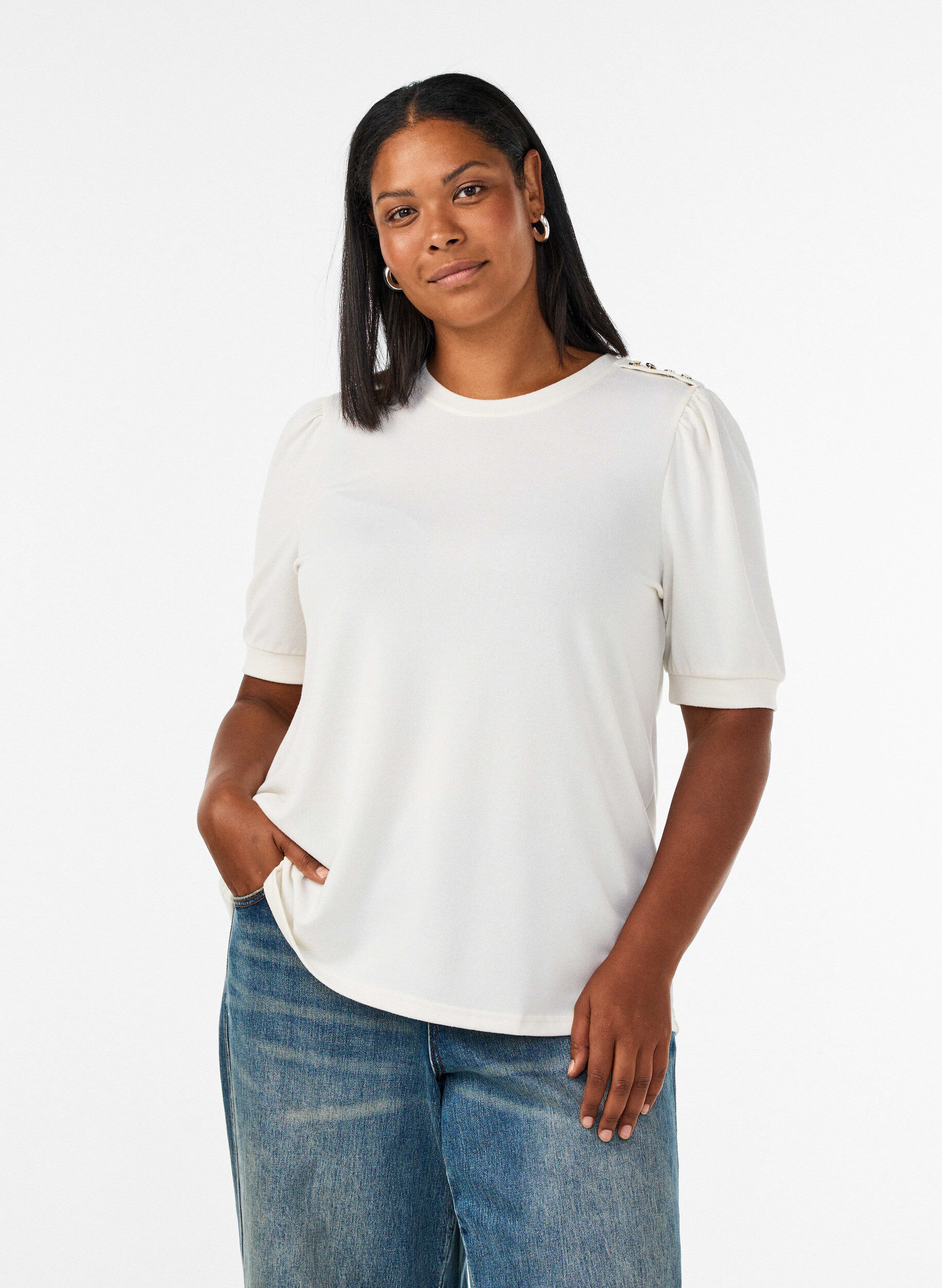 Blouse met knoopdetail en korte pofmouwen, Beige, Model