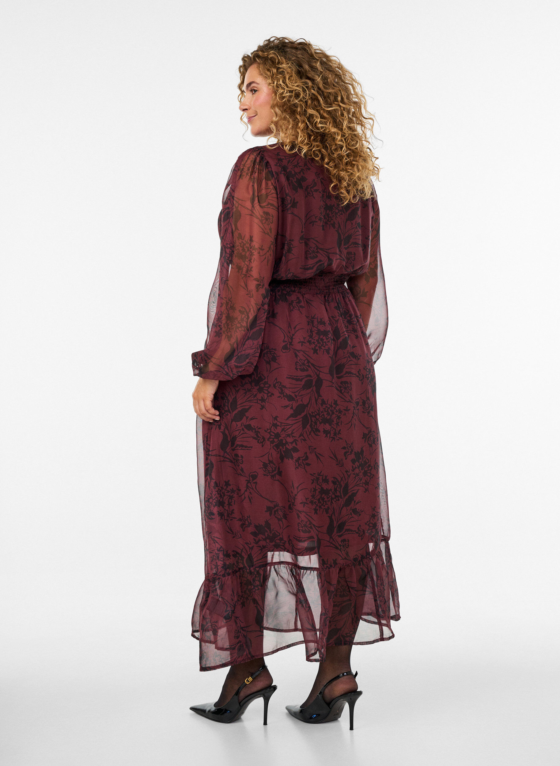 ZizziMaxi-jurk met bloemenprint en smokwerk, Donker Bordeaux, Model image number 1