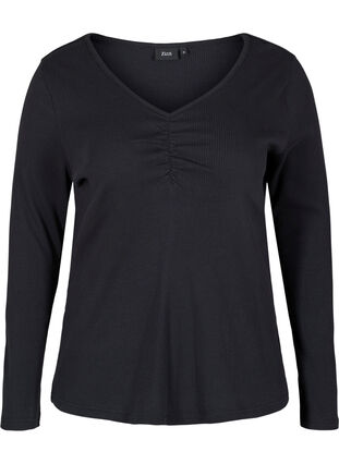 Katoenen blouse met geribde v-hals en kreukeleffect, Black, Packshot image number 0