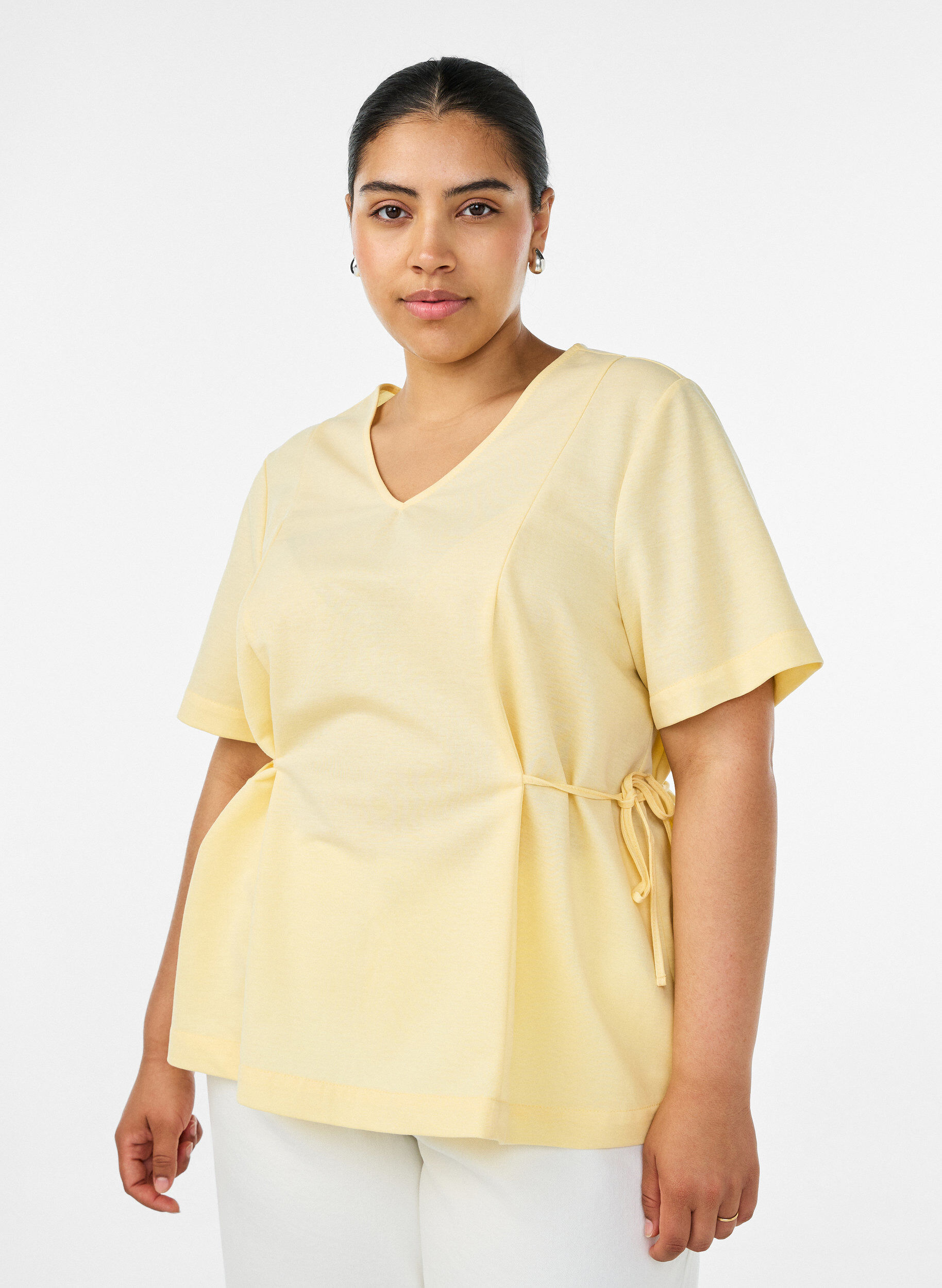 ZizziBlouse in een katoenmix met V-hals en striklint, Geel, Model image number 0