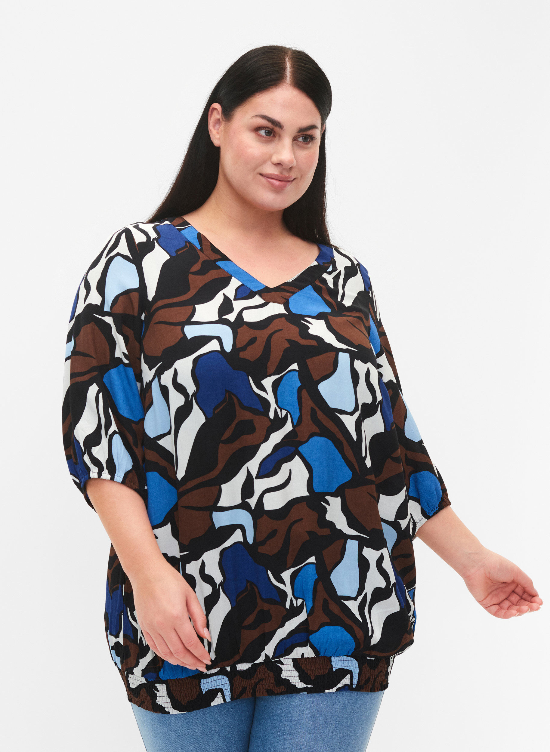 ZizziViscose blouse met print en smockwerk, Zafia AOP, Model image number 0