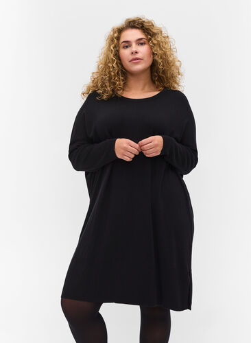 Oversized gebreide jurk van viscosemix, Black, Model image number 0