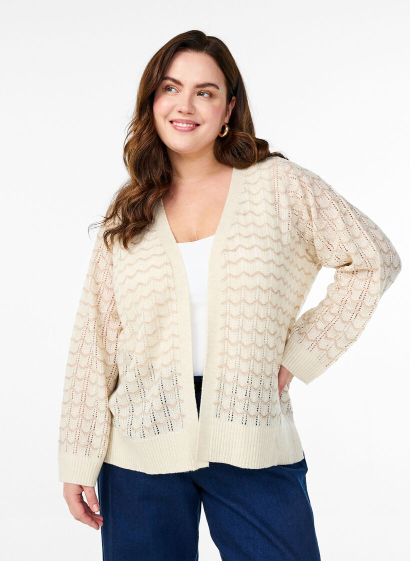 Gebreide cardigan met een opengewerkt patroon en golvende lijnen, Birch w. Simply T., Model image number 0