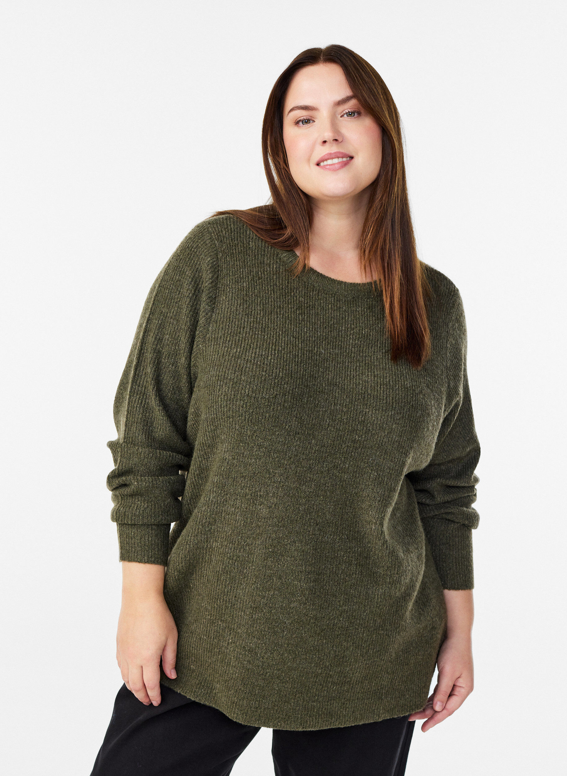 Blouse en maille chin&eacute;e &agrave; col rond, Vert fonc&eacute;, Model