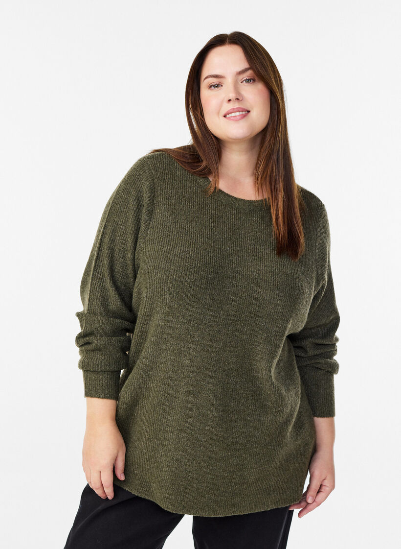Gem&ecirc;leerde gebreide blouse met ronde hals, Groen, Model image number 0