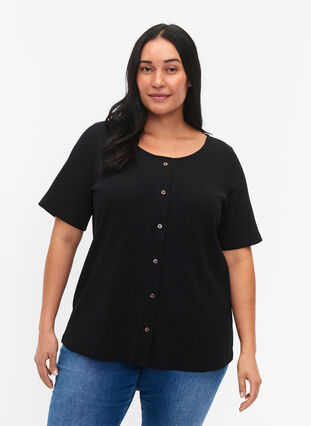 T-shirt à manches courtes en côtes avec boutons, Black, Model image number 0
