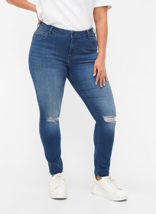 Super slanke Sanna jeans met vernietiging, Blue denim, Model image number 2