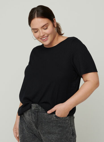 T-shirt uni côtelé à manches courtes, Black, Model image number 0