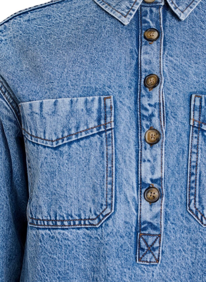 Denimshirt met halve sluiting en borstzakken, Blauw, Packshot