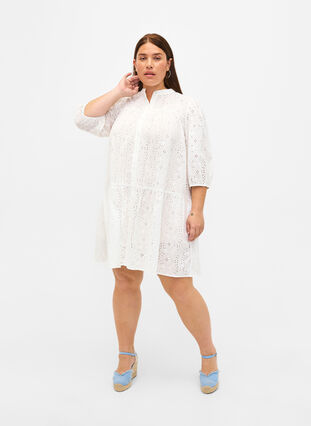 Robe chemise en coton à broderie anglaise, Bright White, Model image number 2