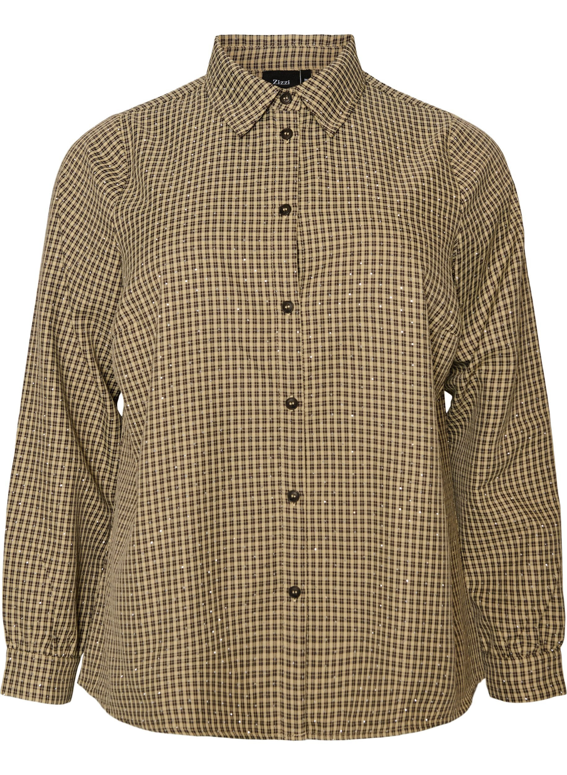 ZizziShirt met klein ruitpatroon en strasstenen, Bruin, Packshot image number 0