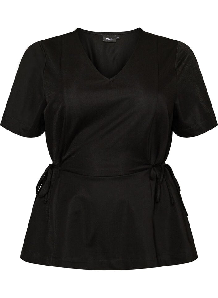 Blouse en m&eacute;lange de coton avec un col en V et un lien &agrave; nouer, Noir, Packshot image number 0