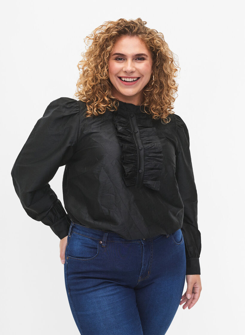 Glanzende shirtblouse met ruches, Black, Model image number 0