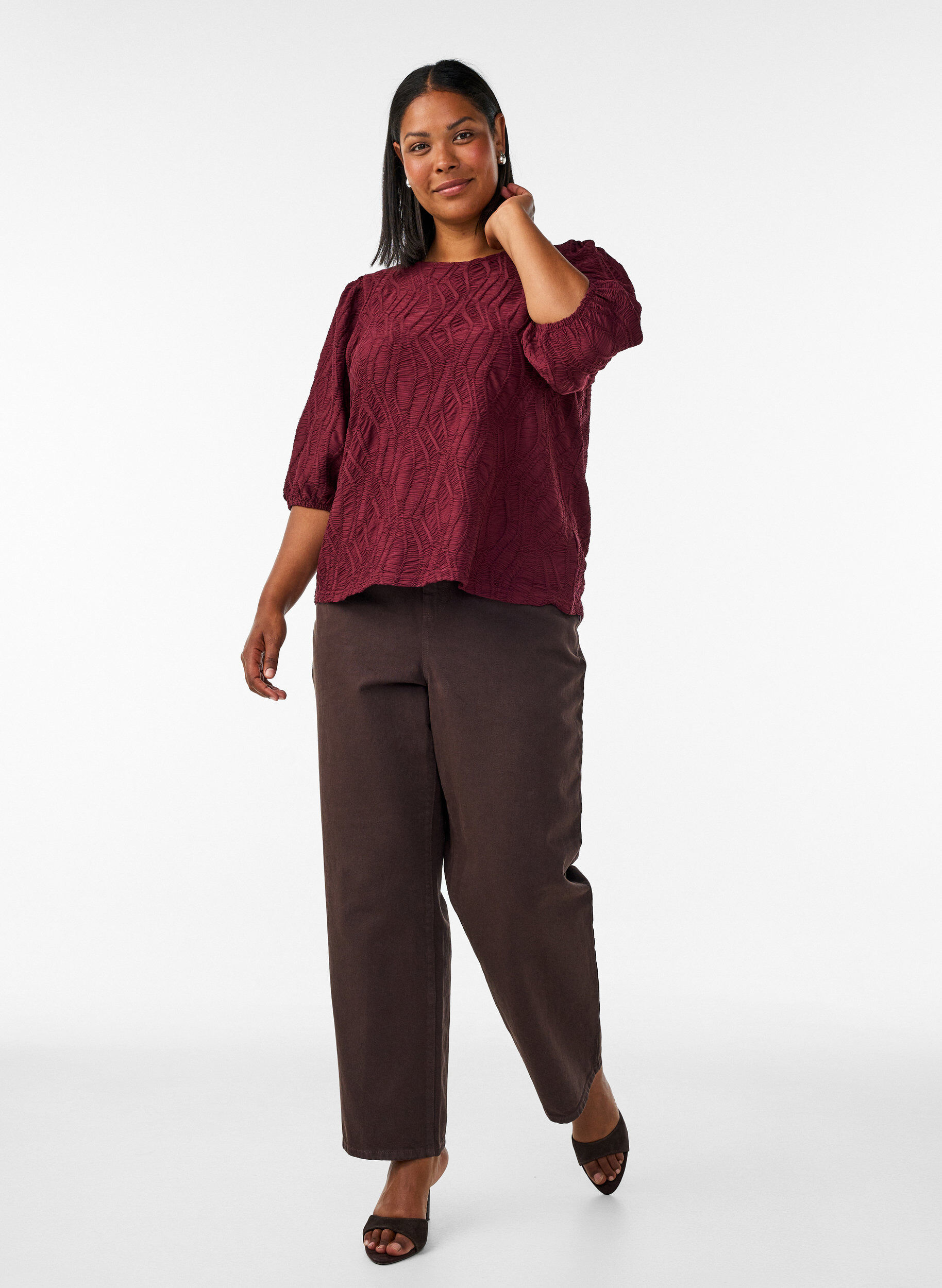 ZizziBlouse met textuur en 3/4 mouwen, Rood, Model image number 1