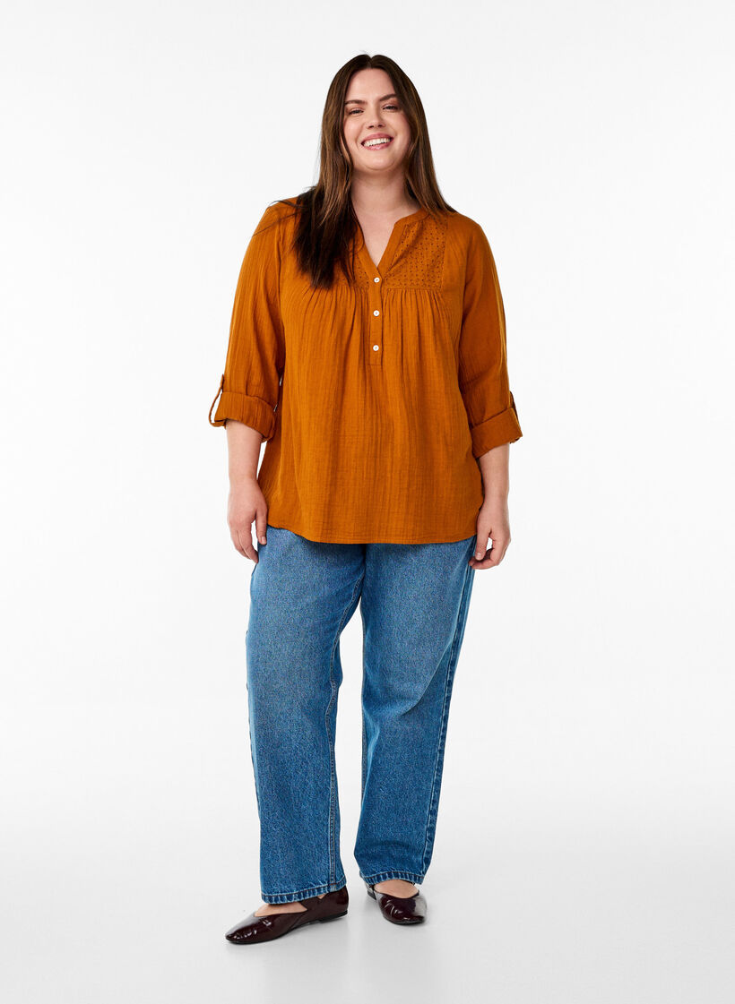 Blouse en mousseline de coton avec broderie anglaise, Orange, Model image number 1