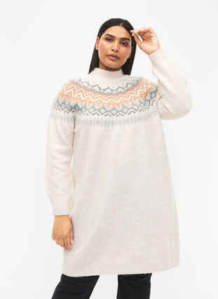 Gebreide jurk met patroon en lange mouwen, Birch Mel. Comb, Model image number 0