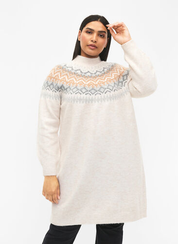 Robe en tricot à motifs et à manches longues, Birch Mel. Comb, Model image number 0