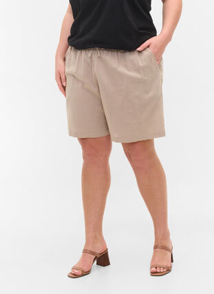 Losse shorts in katoenmix met linnen, Simply Taupe, Model image number 2