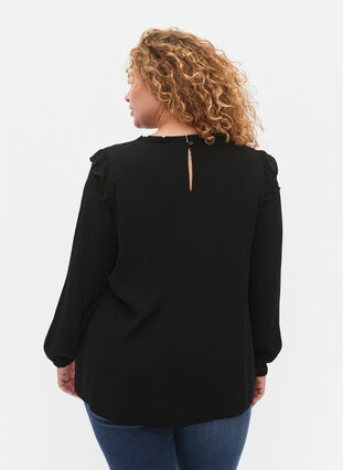 Viscose blouse met ruches en kant, Black, Model image number 1