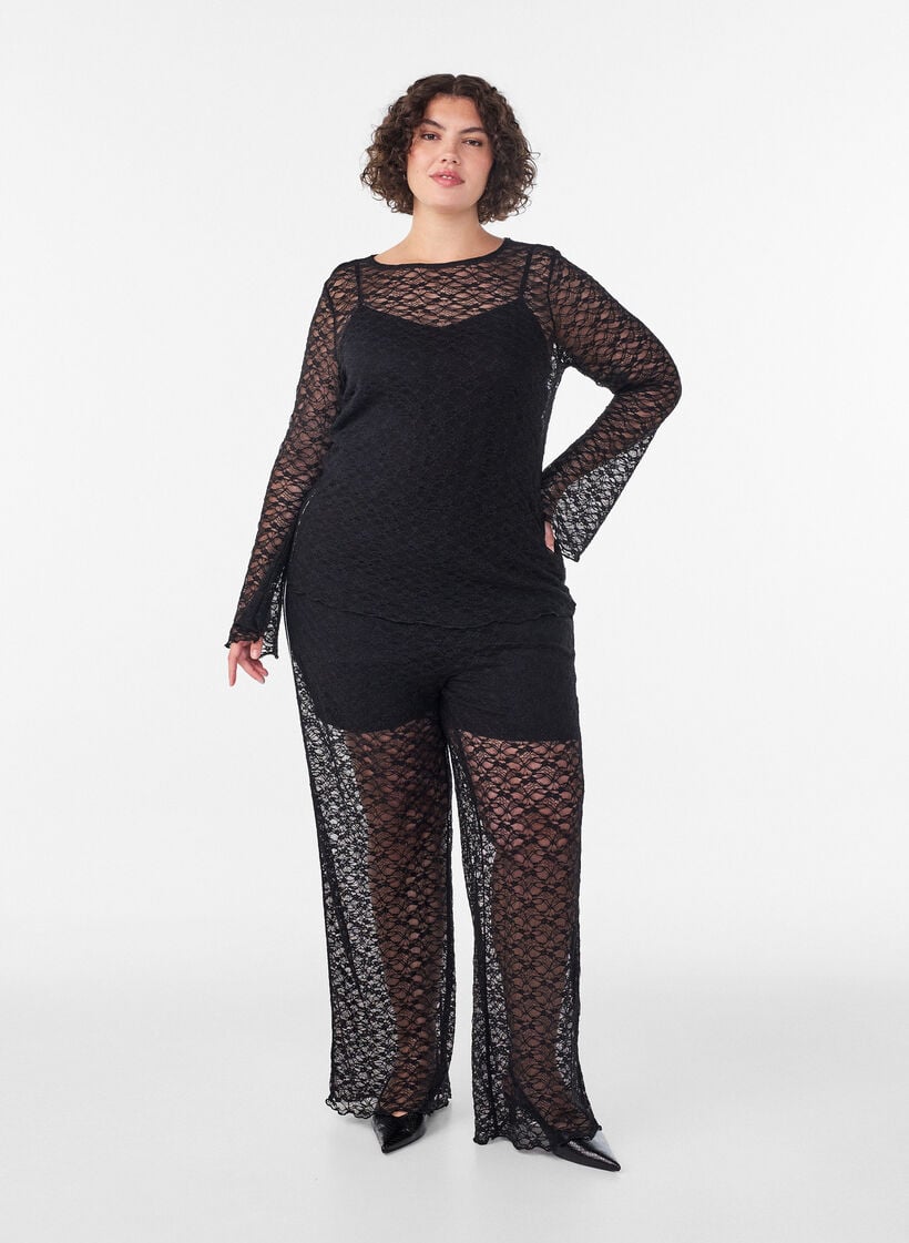 Blouse en dentelle transparente avec manches longues, Noir, Model image number 1