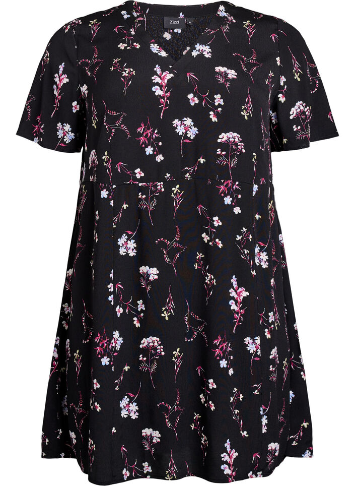 Korte jurk met bloemenprint, Zwart, Packshot image number 0