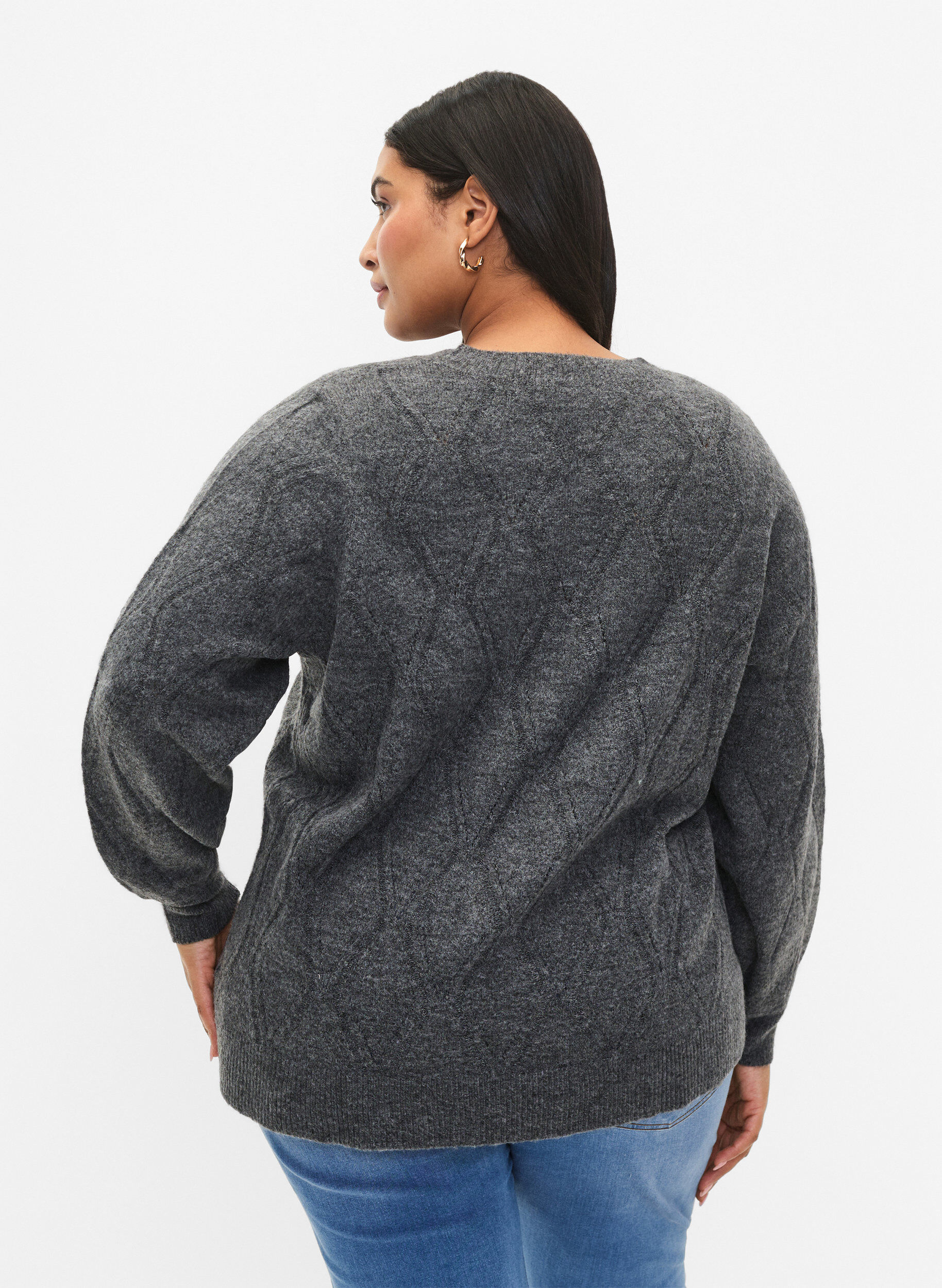 ZizziGebreide pullover met gaatjespatroon, Dark Grey Melange, Model image number 1
