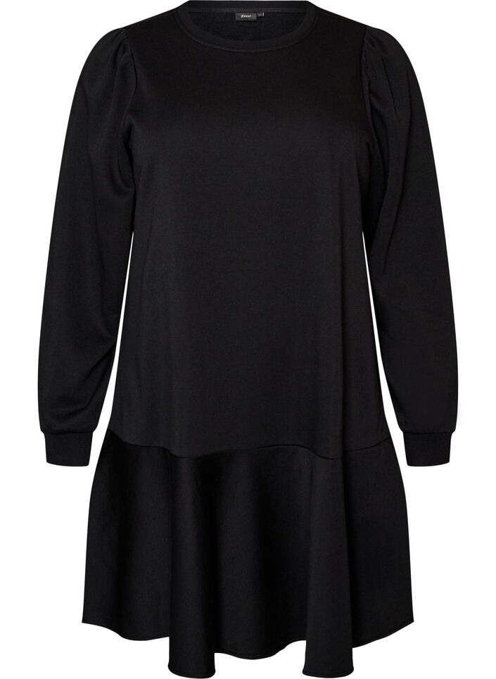 Robe-sweat coupe &eacute;vas&eacute;e avec volants superpos&eacute;s, Noir, Packshot image number 0