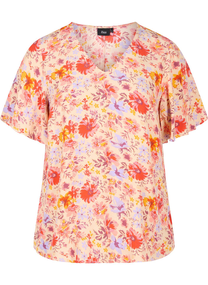 Blouse en viscose à manches courtes avec imprimé floral, Red Orange AOP, Packshot image number 0