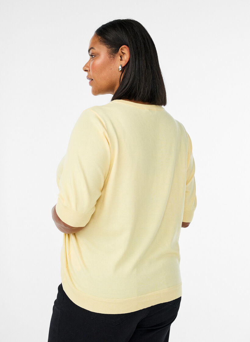 Fijngebreide blouse met korte mouwen, Geel, Model image number 2