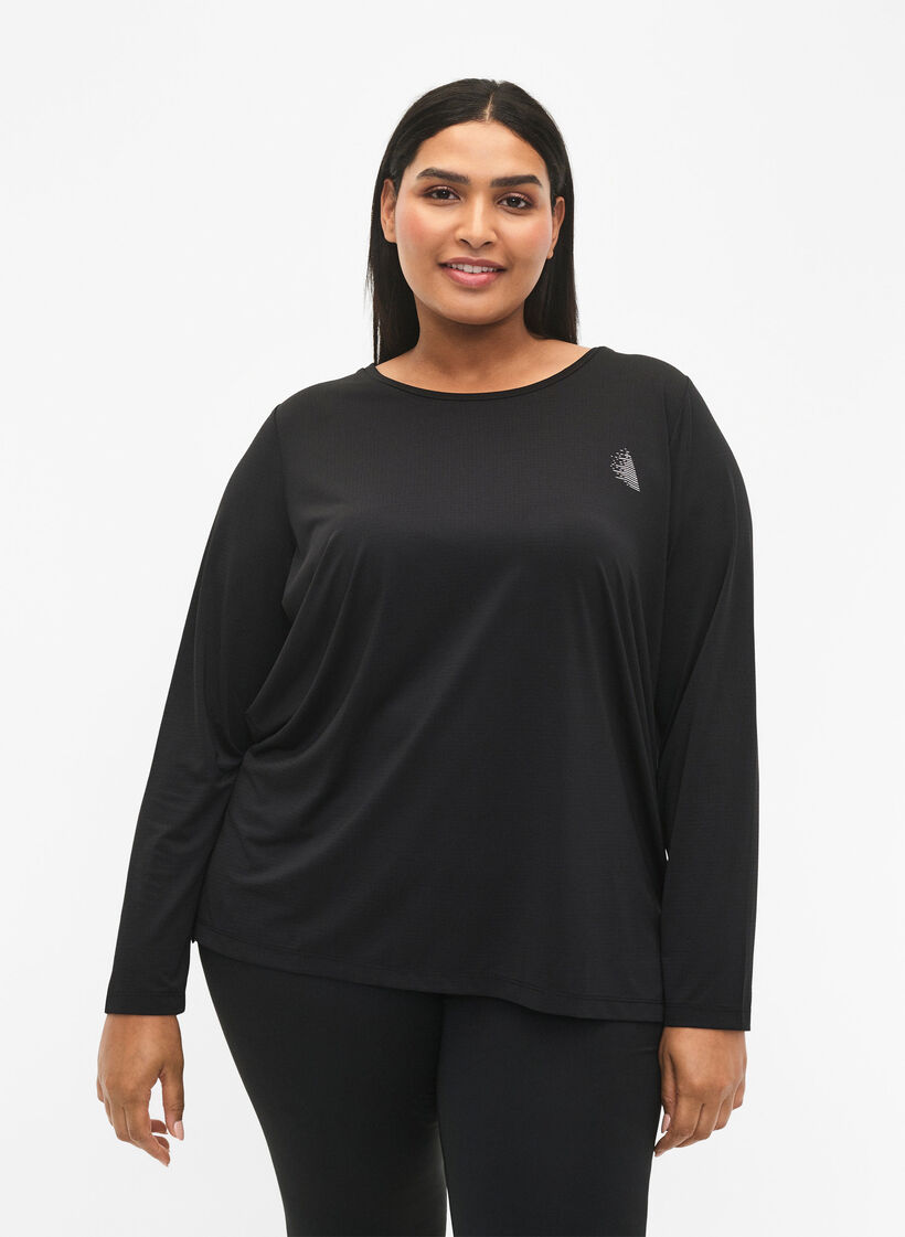 Sportblouse met structuur en lange mouwen, Black, Model image number 0