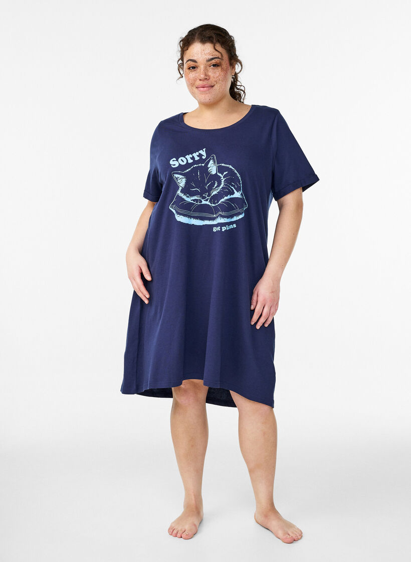 Nachtjapon met korte mouwen van biologisch katoen, Blauw, Model image number 0