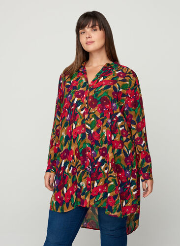Lange viscose blouse met print, Olive Green AOP, Model image number 0