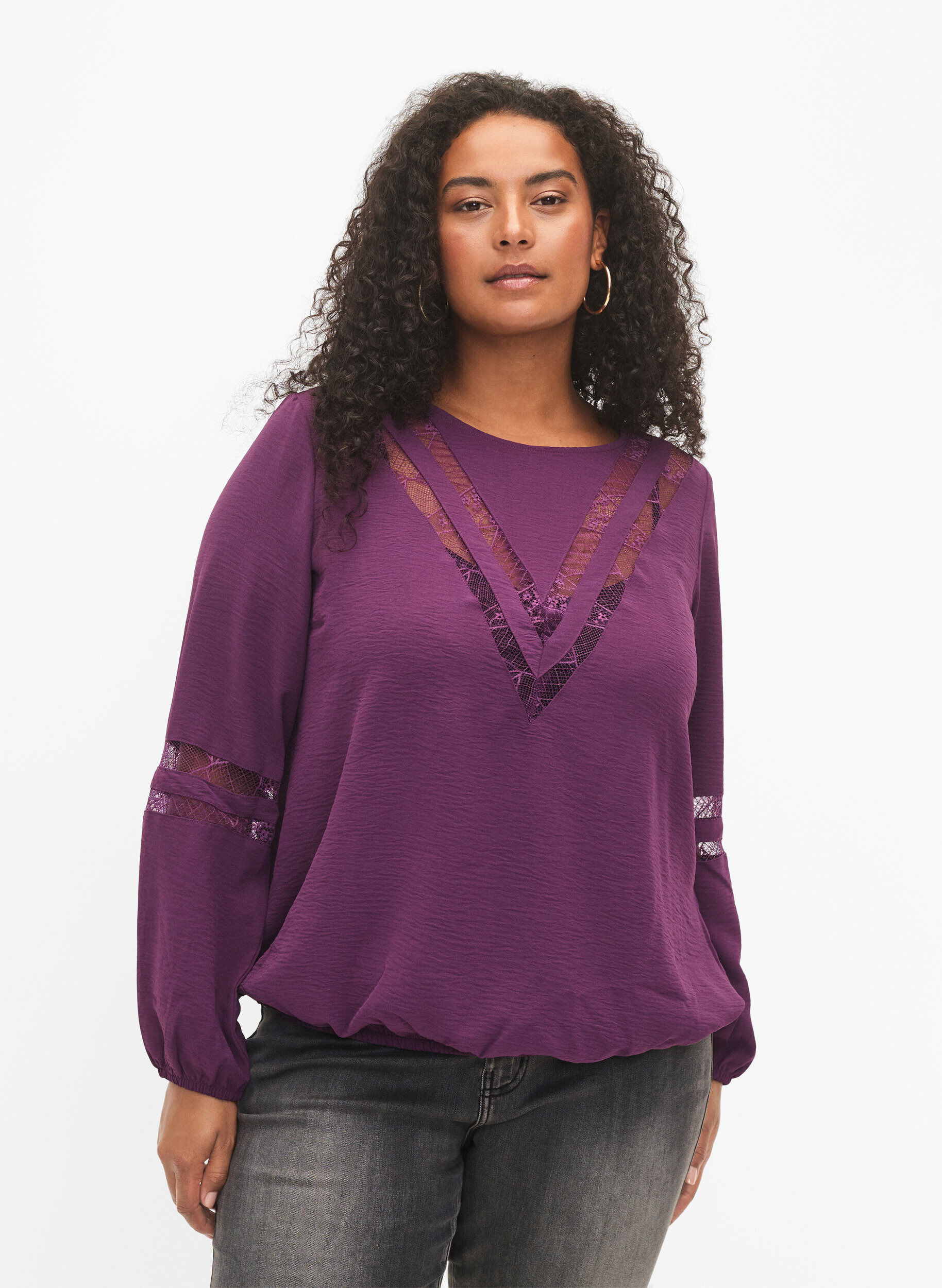 Zizzi Blouse &agrave; manches longues avec de la dentelle, Deep Purple, Model image number 0